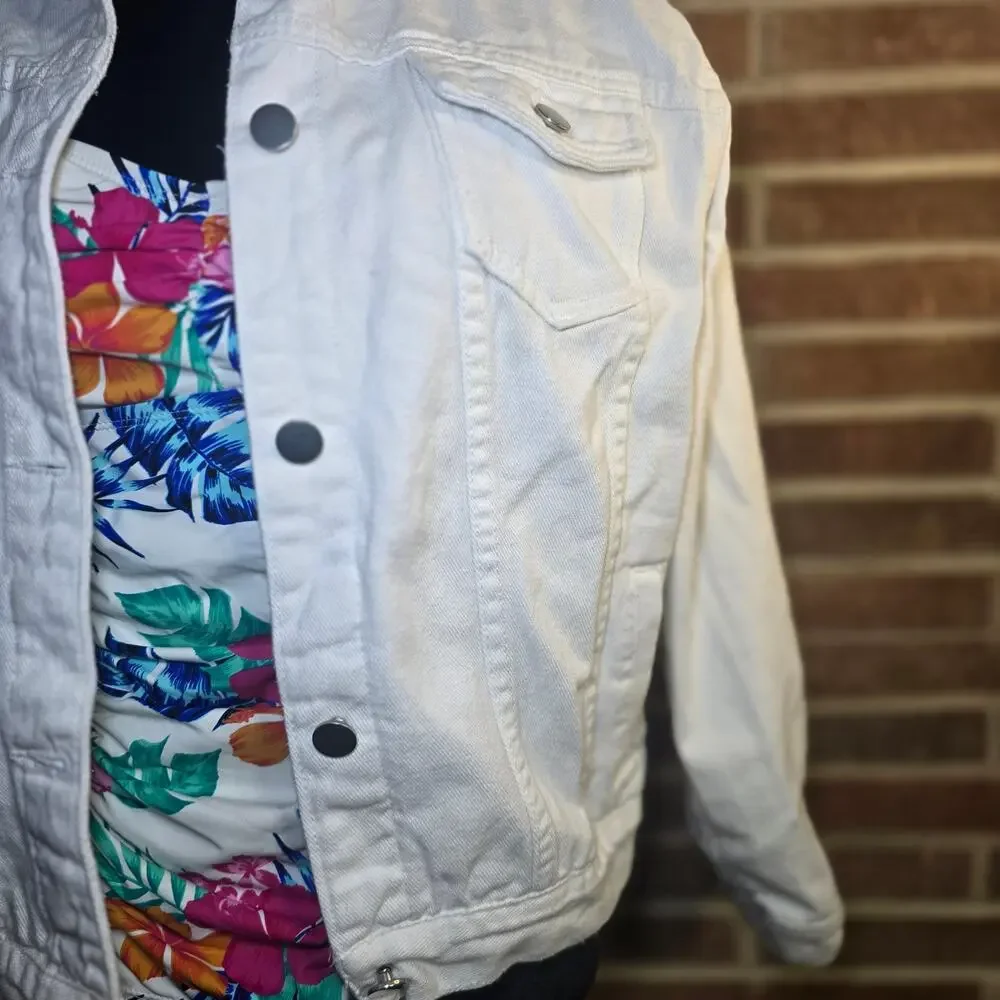 Women's White Denim Jacket Classic Trucker Jean Jacket Cotton Blend Size L